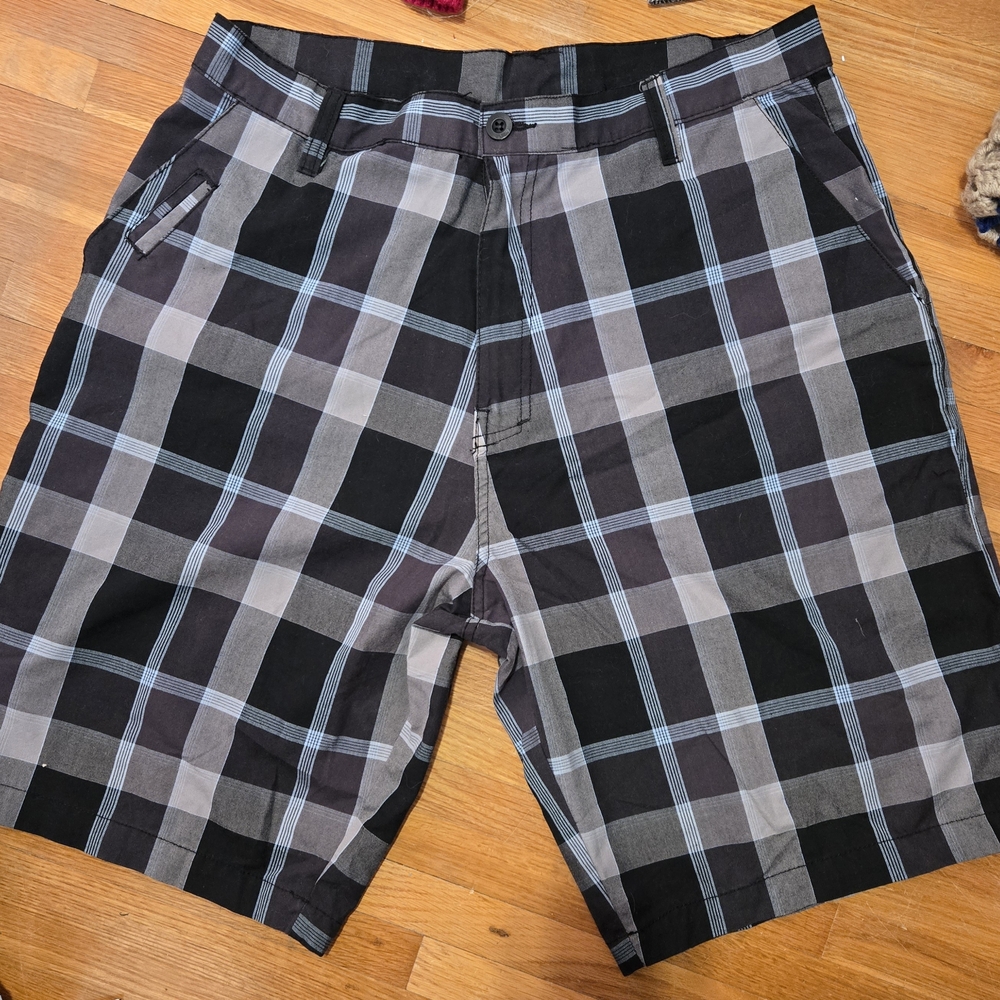 Burnside Shorts Sz 36 Black Plaid Chino Pockets Casual Golf Shorts 11 Inseam Men